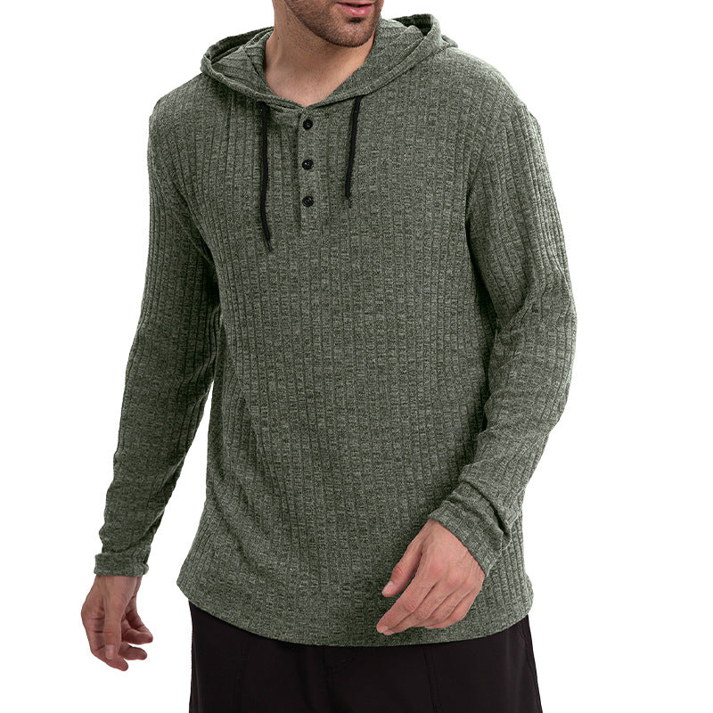 Long-Sleeve Casual Pullover Hoodie for Men with Buttons & Drawstring
