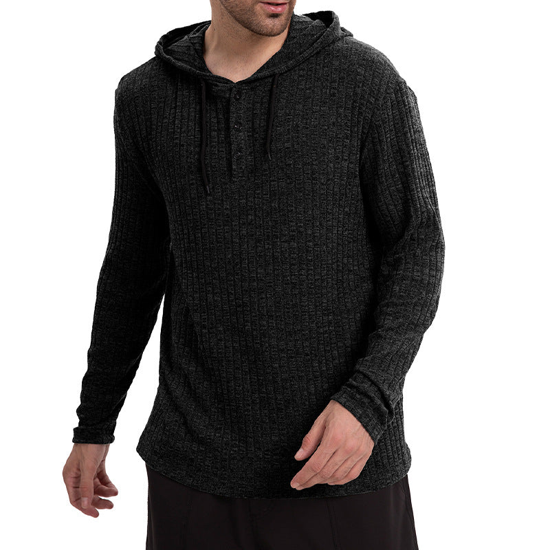 Long-Sleeve Casual Pullover Hoodie for Men with Buttons & Drawstring