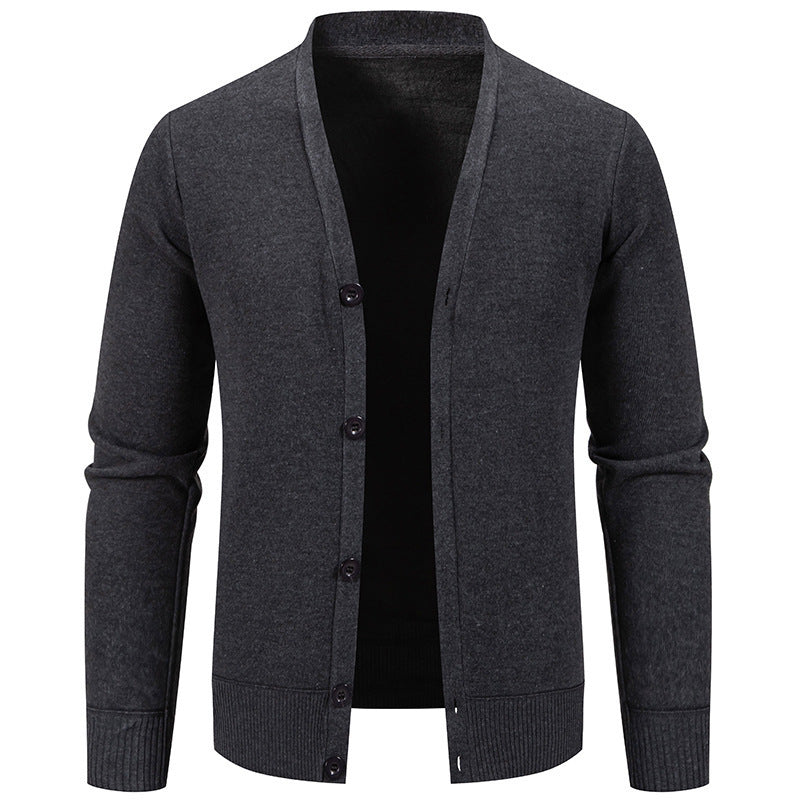 Men’s Warm Fleece-Lined Knit Cardigan Sweater – Solid Color