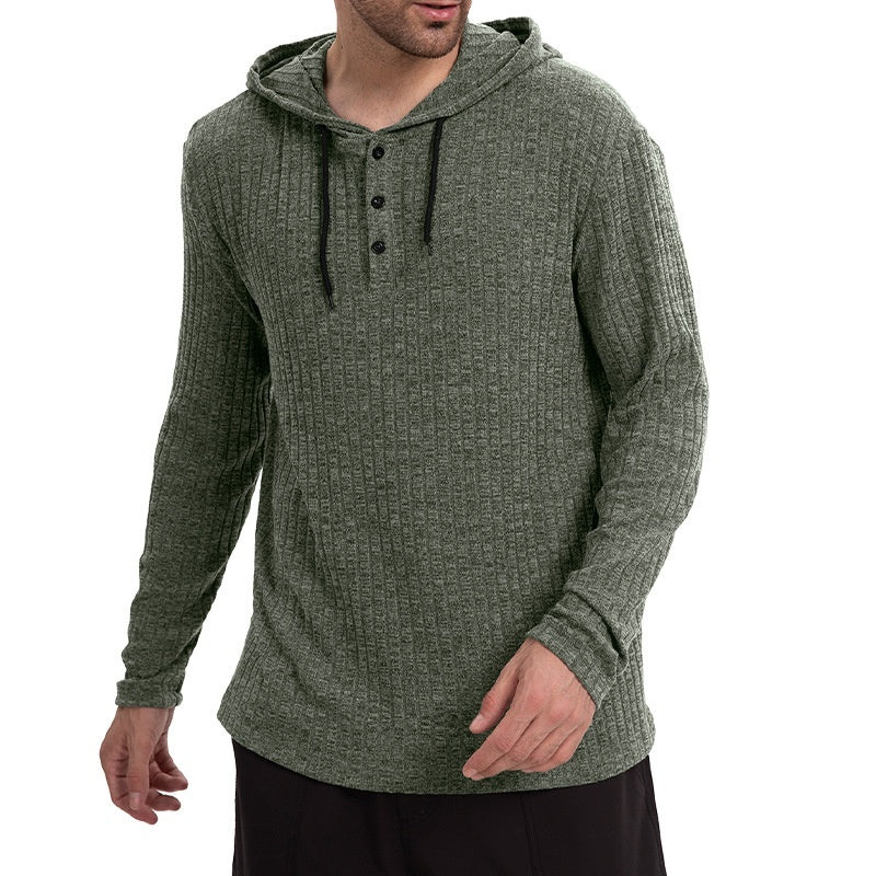 Long-Sleeve Casual Pullover Hoodie for Men with Buttons & Drawstring