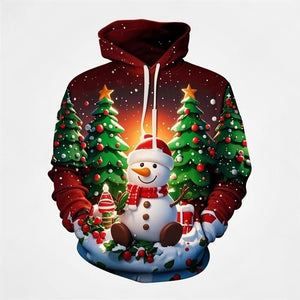 Christmas Snowman & Tree 3D Print Hoodie – Casual Winter Sweatshirt