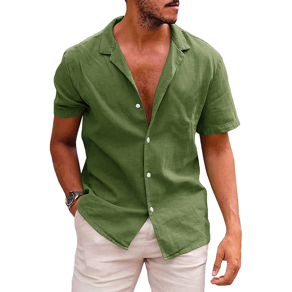 Men's Casual Button Down Short Sleeve Beach Shirt | Summer Cotton Linen Top