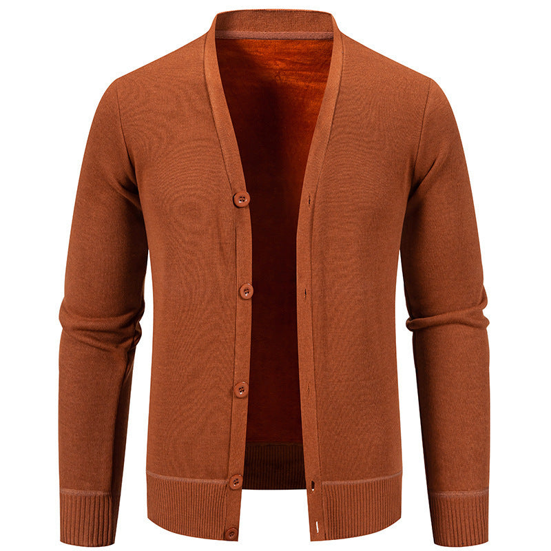 Men’s Warm Fleece-Lined Knit Cardigan Sweater – Solid Color