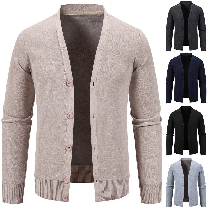 Men’s Warm Fleece-Lined Knit Cardigan Sweater – Solid Color