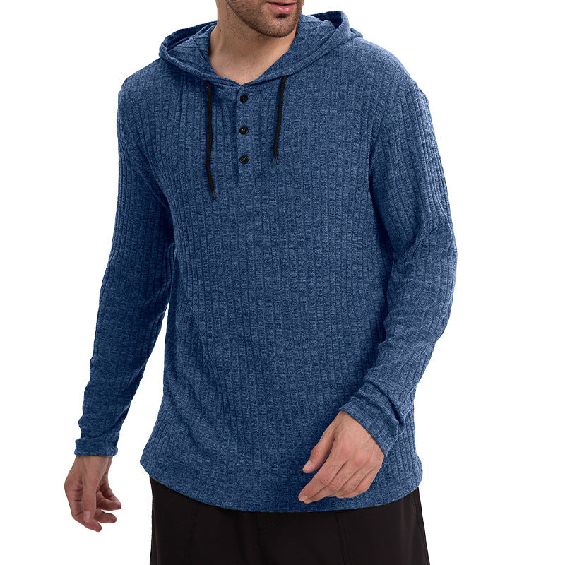 Long-Sleeve Casual Pullover Hoodie for Men with Buttons & Drawstring