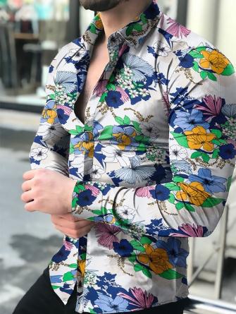 Fashion Long-Sleeved Floral Shirt for Men – Slim Fit Cotton Dress Shirt