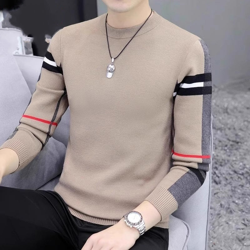 Men’s Slim-Fit Contrast Knit Sweater | Warm Round Neck Pullover