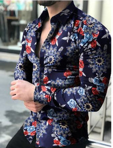 Fashion Long-Sleeved Floral Shirt for Men – Slim Fit Cotton Dress Shirt