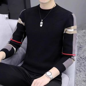 Men’s Slim-Fit Contrast Knit Sweater | Warm Round Neck Pullover
