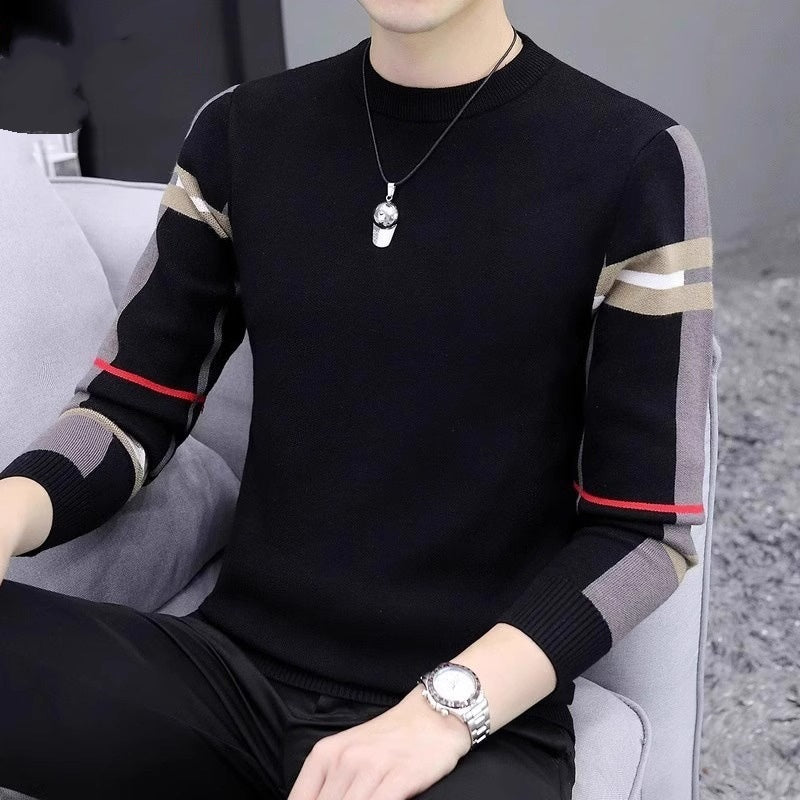 Men’s Slim-Fit Contrast Knit Sweater | Warm Round Neck Pullover