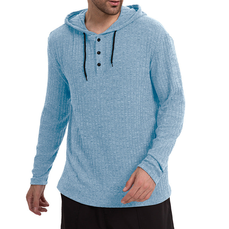 Long-Sleeve Casual Pullover Hoodie for Men with Buttons & Drawstring