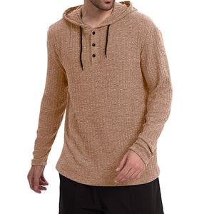 Long-Sleeve Casual Pullover Hoodie for Men with Buttons & Drawstring