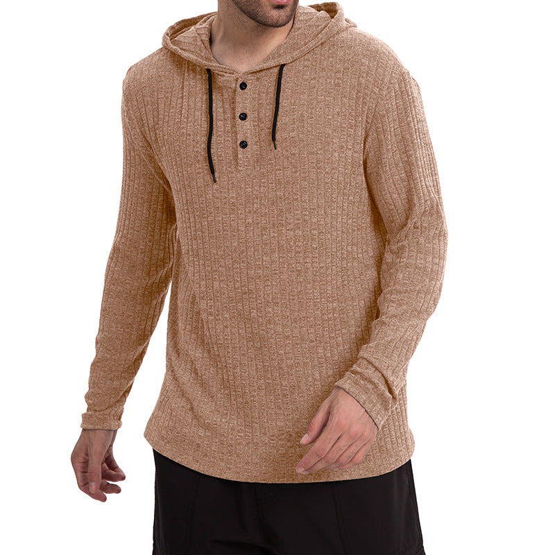 Long-Sleeve Casual Pullover Hoodie for Men with Buttons & Drawstring