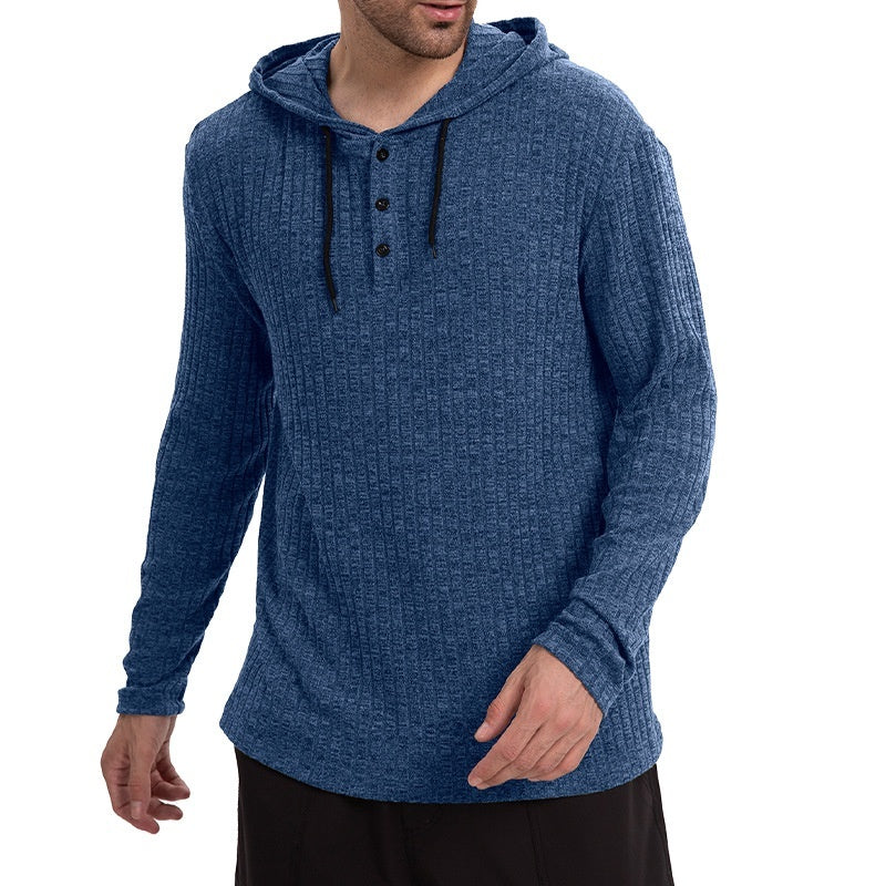 Long-Sleeve Casual Pullover Hoodie for Men with Buttons & Drawstring